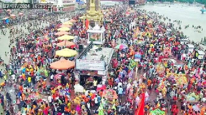 हरिद्वार कांवड़ मेलापके भक्ताः एकत्रिताः-सावनस्य सोमवासरे ५००० पुलिसैः ३० ड्रोनकैमरैः च सुरक्षा, अधुना यावत् १ कोटिजनाः प्राप्ताः