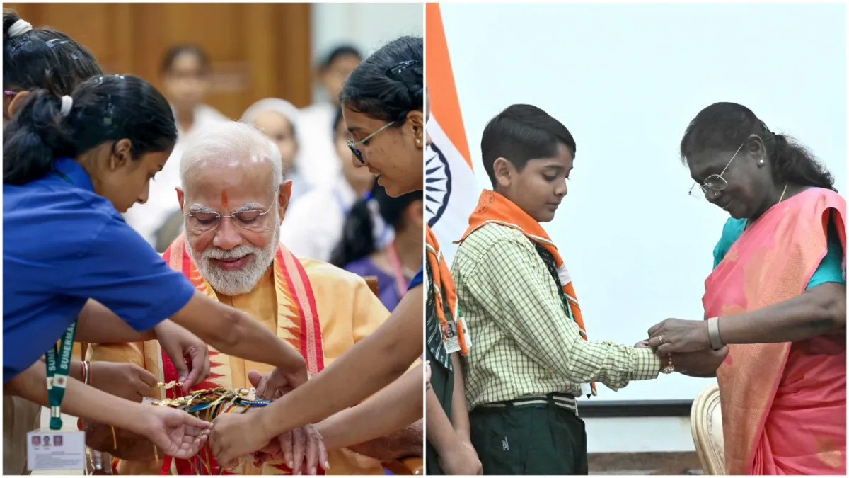 राष्ट्रपति द्रौपदी मुर्मू तथा च प्रधानमंत्री मोदी बालकैः सह रक्षाबन्धनं आचरितवन्तौ